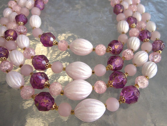 Vintage multi-strand pink purple beads necklace m… - image 4