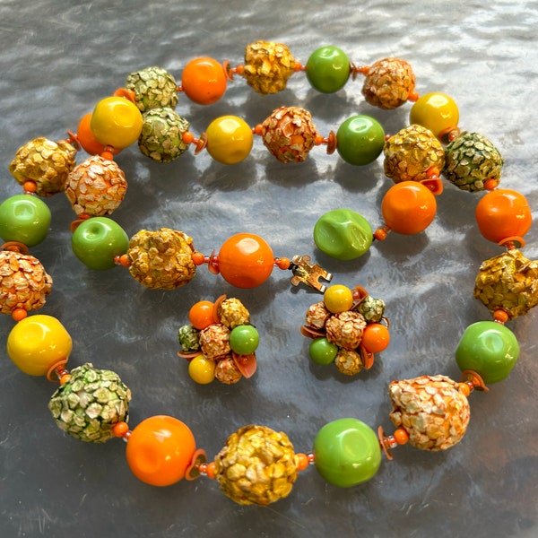 Vintage signed Japan fruit salad crumb cake beads demi parure