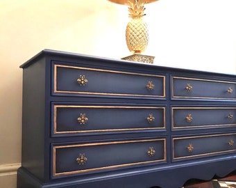 SOLD ombre blended blue regal chest of drawers sideboard brass effect bee handles botanical gold stamps inside burgudy drawers