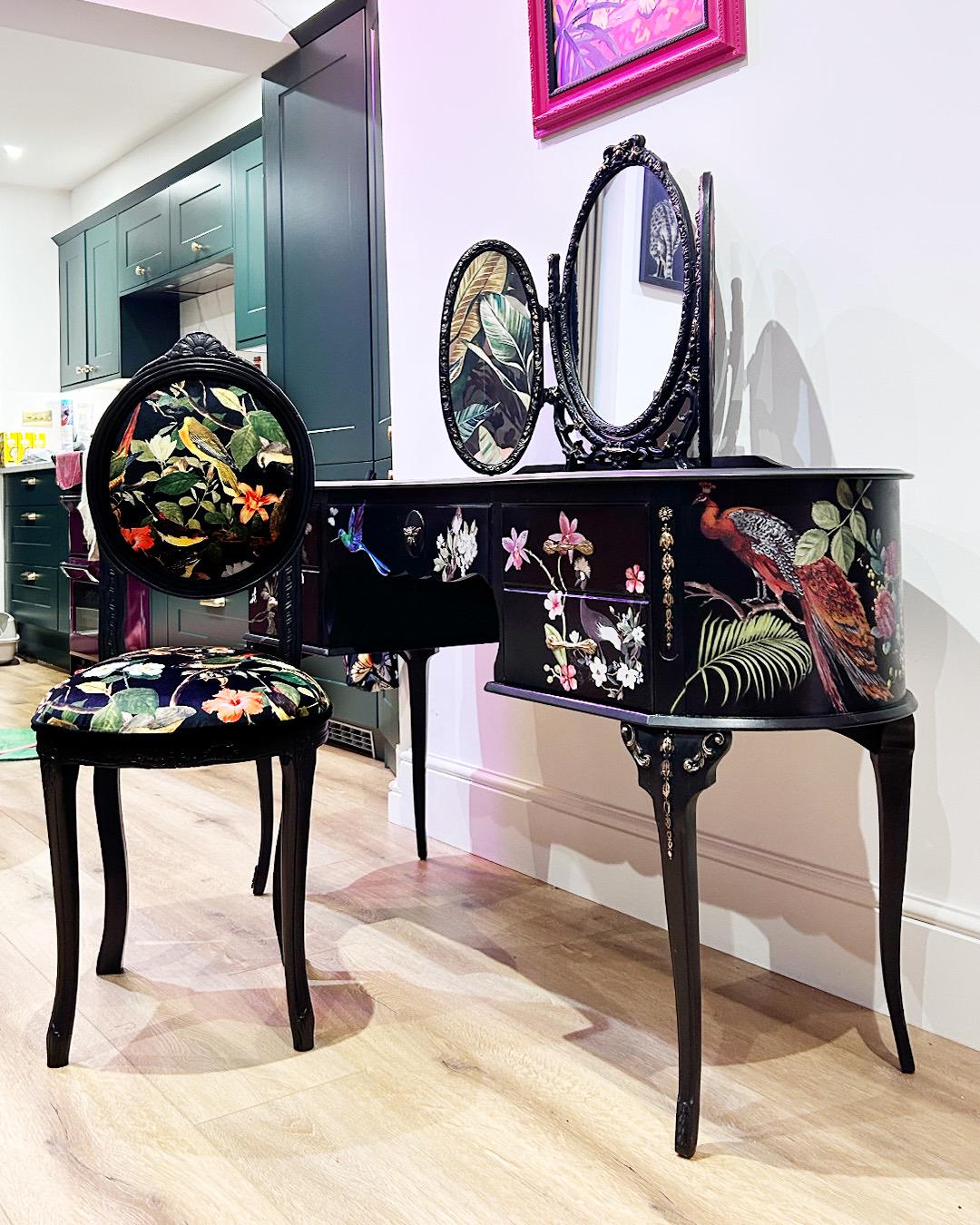 antique black dressing table Antique Makeup Vanity / Dressing Table Black Brass Trifold Mirror Art Deco 1920s