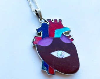 Heart Eye Pendant and Chain (stone inlay in silver)