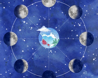 May include: A blue watercolor background with white stars and a circle of eight moon phases. The moon phases are in a circle around a blue and green globe with a red fish and a white cloud.