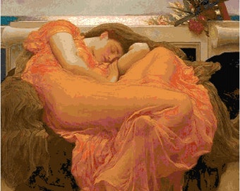 Counted cross stitch pattern based on the painting Flaming June by Frederic Leighton. Digital Download.