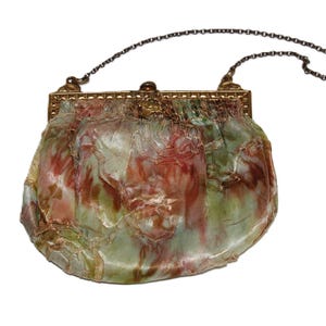 RARE Early 1900s antique French handbag with Silk body gilt metal frame and Mirror