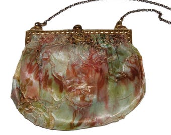 RARE Early 1900s antique French handbag with Silk body gilt metal frame and Mirror