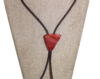 Carnelian Agate Bolo Tie - Triangular Red Stone - Braided Leather Cord