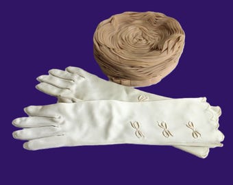 1940s Ruched Chiffon Toque Hat with Grosgrain Ribbon & Gloves – Vintage Millinery Set