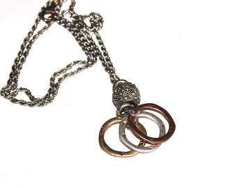 Tri-Color Ring Pendant Necklace, Silver Rope Chain
