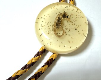 Vintage 1960's Bolo Tie Tiny Preserved Seahorse in Resin