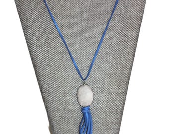 White Druzy Agate Pendant Necklace, Blue Suede Tassel, Silver Trim Boho Statement Jewelry