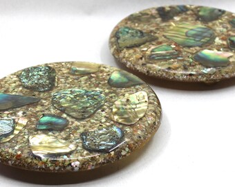 Salvamanteles vintage de abulón - Posavasos de concha de nácar - Mosaico iridiscente - Juego de 2