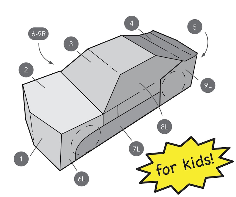 May include: A diagram showing how to fold a paper car. The car is gray and has a yellow starburst with the text "for kids!" on it. The diagram shows nine numbered steps for folding the paper.