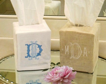 Linen Tissue Box Cover with Monogram