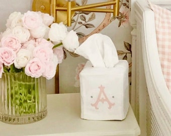 Linen Tissue Box Cover with Monogram