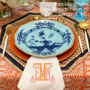 Cotton and Linen Blend Hemstitch Dinner Napkins with Monogram - Sold in Sets of 4