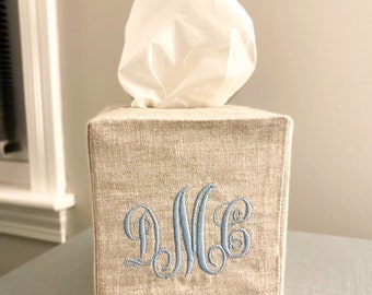 Linen Tissue Box Cover with Monogram