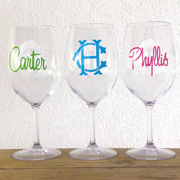 Shatterproof Stemmed Wine Glass with Vinyl Monogram