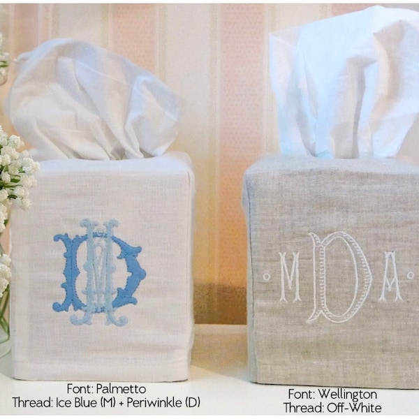 Linen Tissue Box Cover with Monogram