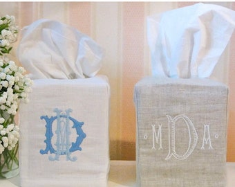 Linen Tissue Box Cover with Monogram