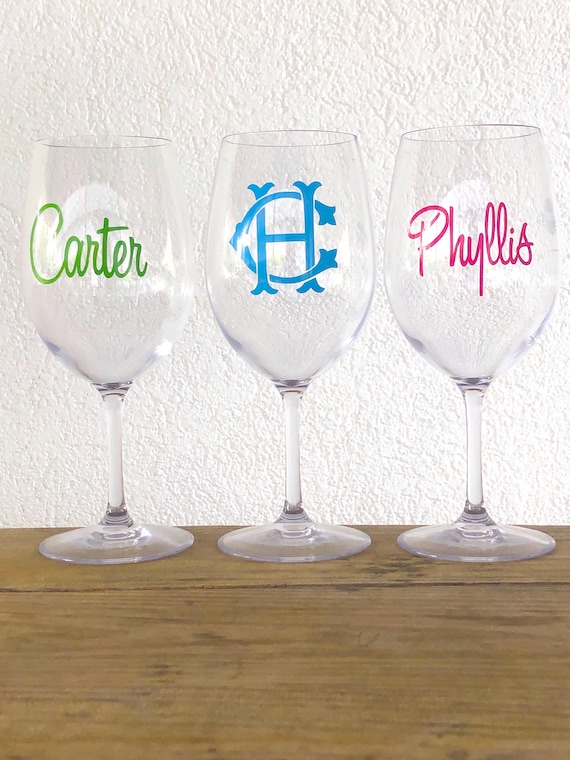 Shatterproof Stemmed Wine Glass With Vinyl Monogram - Etsy