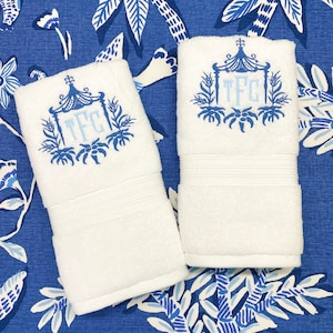 PAGODA EMBROIDERY DESIGN on Hand Towel with Initials - the design on the sample is what will be sewn on orders from this listing!