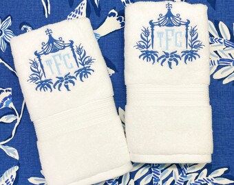 PAGODA EMBROIDERY DESIGN on Hand Towel with Initials - the design on the sample is what will be sewn on orders from this listing!