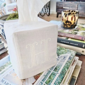 Linen Tissue Box Cover with Monogram