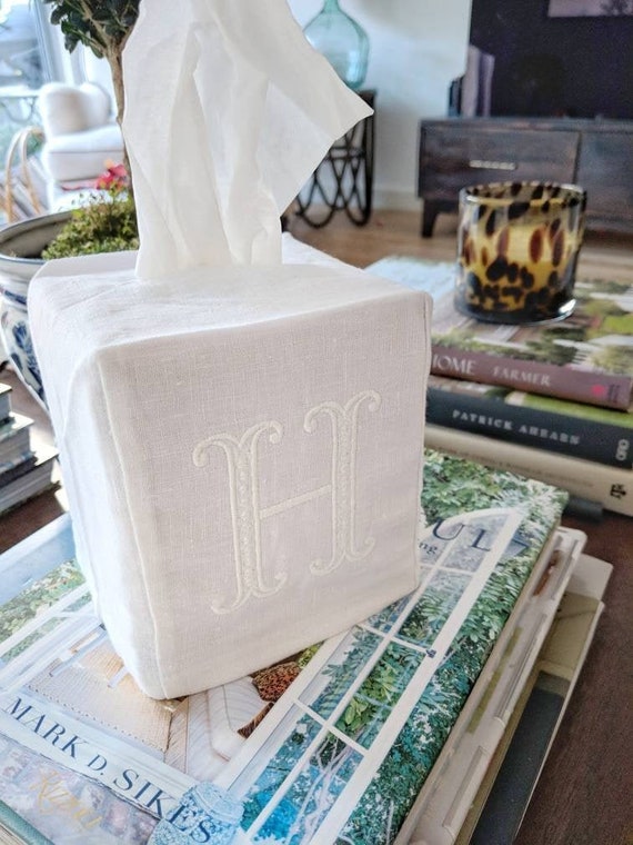 Linen Tissue Box Cover With Monogram Etsy