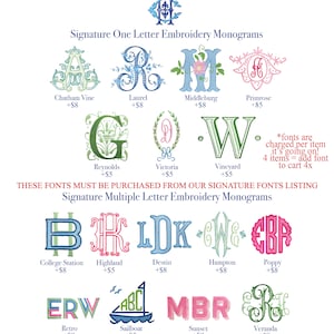 May include: A chart of different embroidery fonts for monograms. The fonts are categorized as one-letter and multiple-letter monograms. Each font is shown with a sample letter and the name of the font. The price for each font is listed as an additional cost. The text "*fonts are charged per item it's going on! 4 items = add font to cart 4x" is also included.