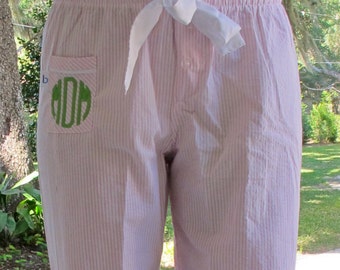 Pink Seersucker Pajama Pants with Monogram