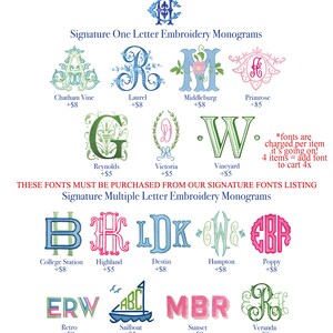 May include: A chart of different embroidery fonts for monograms. The fonts are categorized as one-letter and multiple-letter monograms. Each font is shown with a sample letter and the name of the font. The price for each font is listed as an additional cost. The text "*fonts are charged per item it's going on! 4 items = add font to cart 4x" is also included.