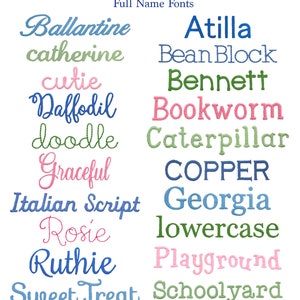 May include: A white background with a variety of colorful fonts displayed in a grid. The fonts are all different styles and sizes, and they are all capitalized. The text at the top of the image reads "Full Name Fonts".