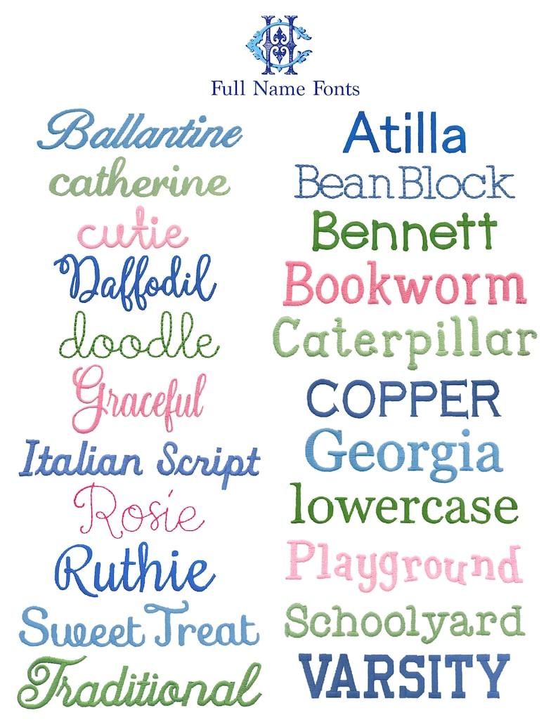 May include: A white background with a variety of colorful fonts displayed in a grid. The fonts are all different styles and sizes, and they are all capitalized. The text at the top of the image reads "Full Name Fonts".