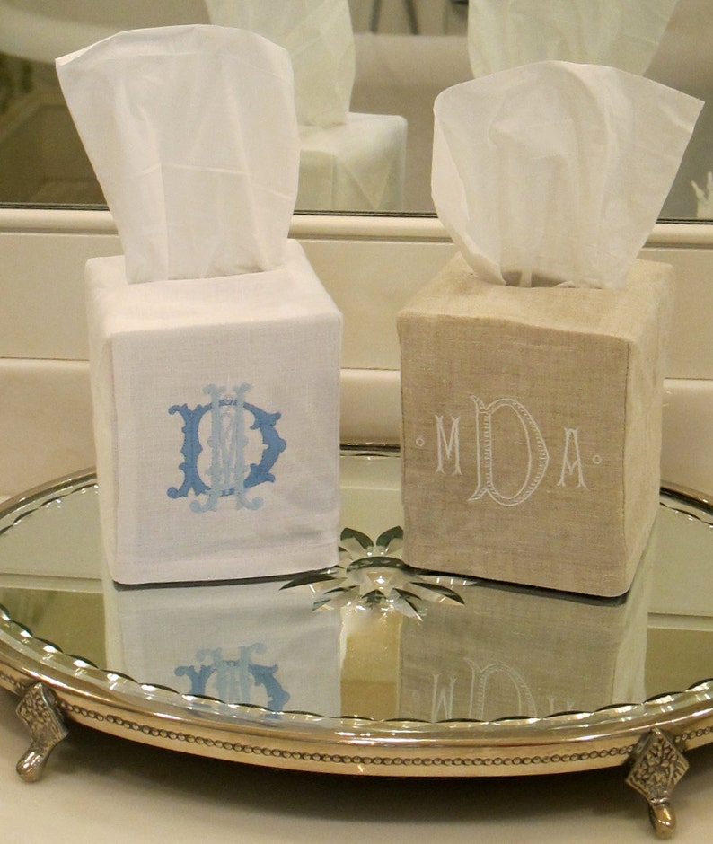 Linen Tissue Box Cover With Monogram Etsy