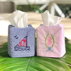 Checked Tissue Box Cover with Monogram
