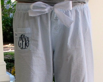 Blue Seersucker Pajama Pants with Monogram
