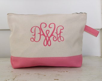 Canvas Zip Pouch with Monogram - Accessories Bag - Cosmetic Bag