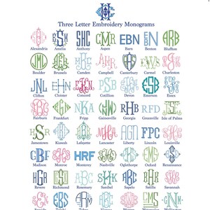 May include: A chart titled Three Letter Embroidery Monograms displaying a grid of various three-letter monogram designs in multiple colors and fonts. Each monogram is labeled with a name underneath, showcasing diverse styles for embroidery customization.