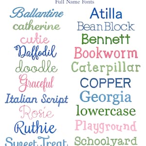 May include: A white background with a variety of colorful fonts displayed in a grid. The fonts are all different styles and sizes, and they are all capitalized. The text at the top of the image reads "Full Name Fonts".