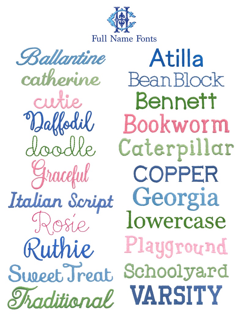 May include: A white background with a variety of colorful fonts displayed in a grid. The fonts are all different styles and sizes, and they are all capitalized. The text at the top of the image reads "Full Name Fonts".