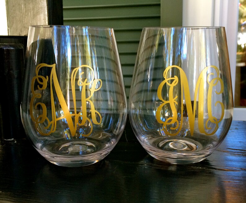 Shatterproof Stemless Wine Glass With Vinyl Monogram Etsy