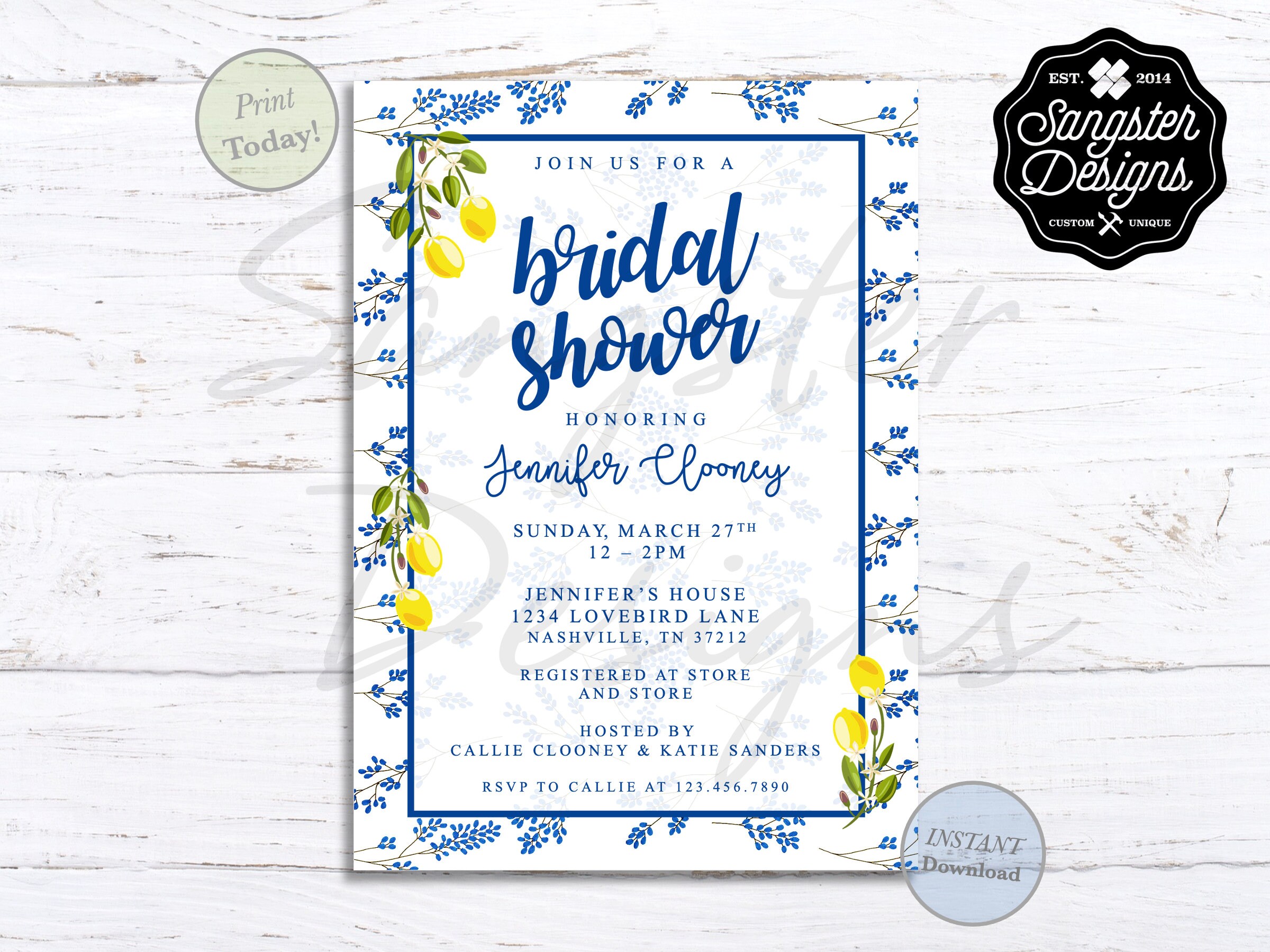 INSTANT DOWNLOAD Lemon and Navy Bridal Shower Invitation Template Lemon Navy Theme Bridal Shower Invitation Editable