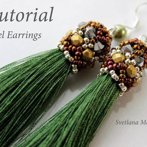 PDF instructions Tassel green Earrings with Swarovski crystals seed beads pearls