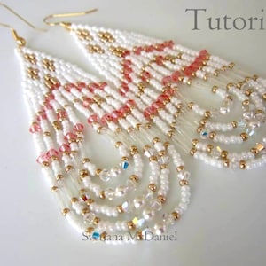 May include: White beaded earrings with gold-colored hooks and accents. The earrings feature a fringe design with pink and clear beads, and the word "Tutorial" is visible in the image.