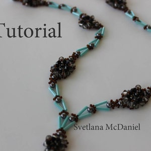 May include: A close-up of a turquoise and brown beaded necklace with a geometric design. The necklace features a repeating pattern of small brown beads and turquoise beads arranged in a V-shape. The necklace is labeled "Tutorial" and "Svetlana McDaniel".
