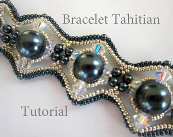 May include: A close-up of a beaded bracelet with dark gray pearls and crystal beads. The bracelet is made with a wavy design and has a silver and black color scheme. The text "Bracelet Tahitian Tutorial" is visible in the image.