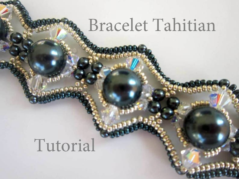 May include: A close-up of a beaded bracelet with dark gray pearls and crystal beads. The bracelet is made with a wavy design and has a silver and black color scheme. The text "Bracelet Tahitian Tutorial" is visible in the image.