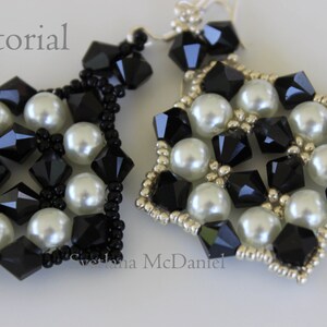 May include: Close-up of two handmade earrings. Each earring features a geometric design with black faceted beads and white faux pearls. The edges are outlined with small silver beads. The word "Tutorial" is visible in the image.