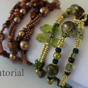 May include: Three beaded bracelets with a mix of brown, gold, green, and black beads. The bracelets are layered on top of each other. The word "Tutorial" is written in white text on a white background.