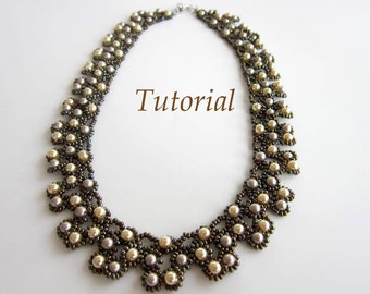 PDF tutorial beaded necklace Platinum seed beads Swarovsky pearl